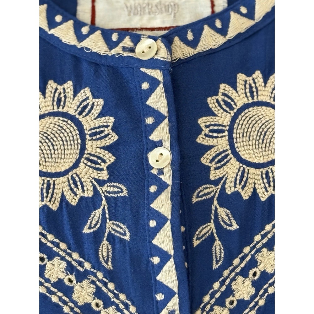 JOHNNY WAS Workshop Sm Blue Embroidered Top 100% Modal Button Up Scallop Sleeve - Picture 4 of 16